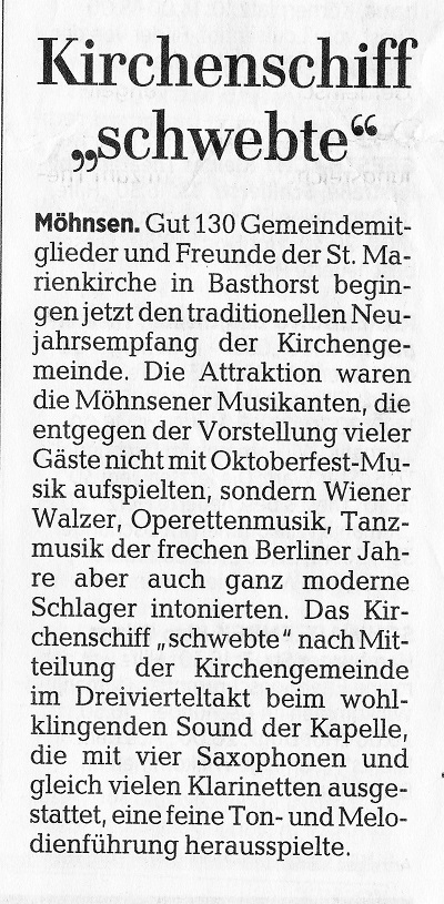 Die Lübecker Nachrichten
    berichten am 19.01.2018 über das Neujahrskonuzert der Möhnsener Musikanten in der St. Marien Kirche zu Basthorst