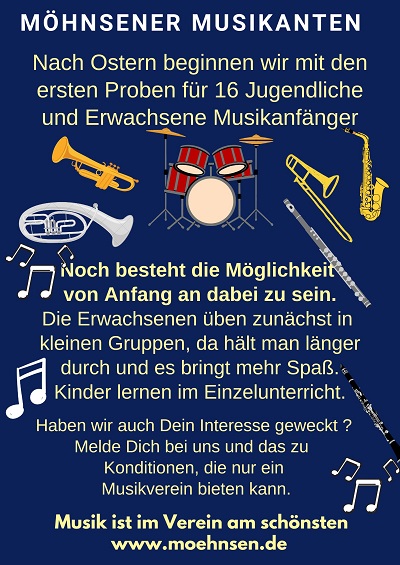 Nach Ostern beginnen wir mit den ersten Proben für unsere 16 Musikanfänger