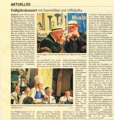 Bericht im Schwarzenbeker Anzeiger vom 25.03.2015 über das Frühjahrskonzert der Möhnsener Musikanten - Bild zum Vergrößern bitte anklicken